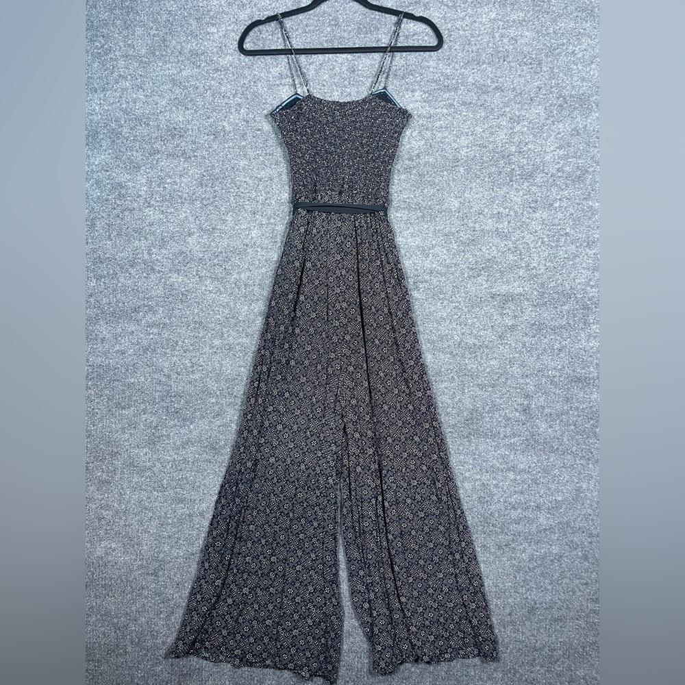 Free People Women’s Small Black Floral Bow Belted Smocked Boho Wide Leg Jumpsuit - Picture 5 of 12